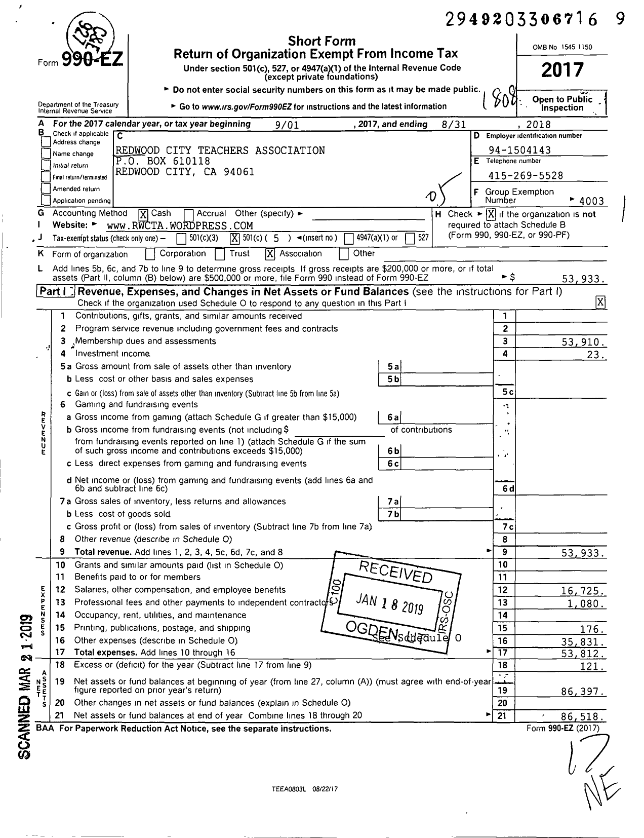 Image of first page of 2017 Form 990EO for California Teachers Association - Redwood City Teachers Association