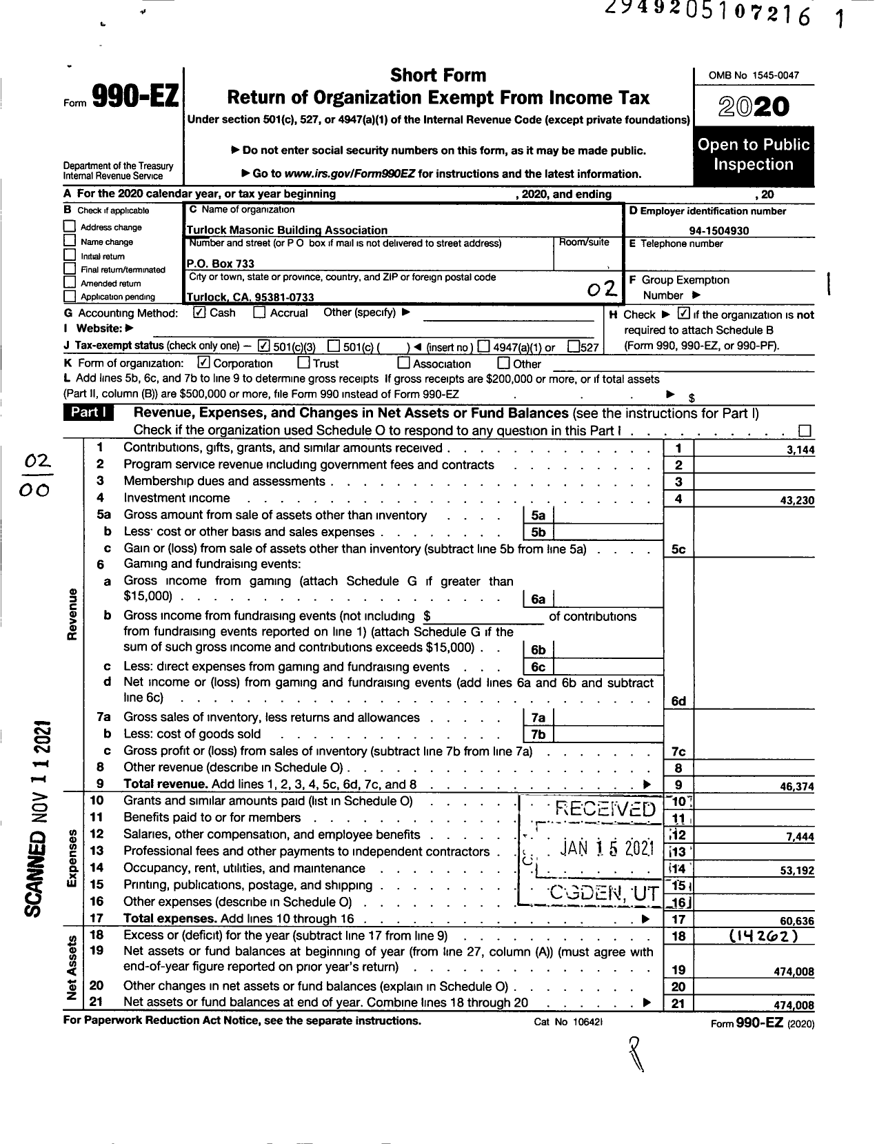 Image of first page of 2020 Form 990EO for Turlock Masonic Building Association