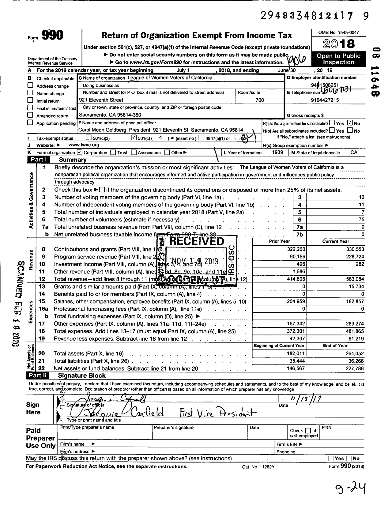 Image of first page of 2018 Form 990O for League of Women Voters of California