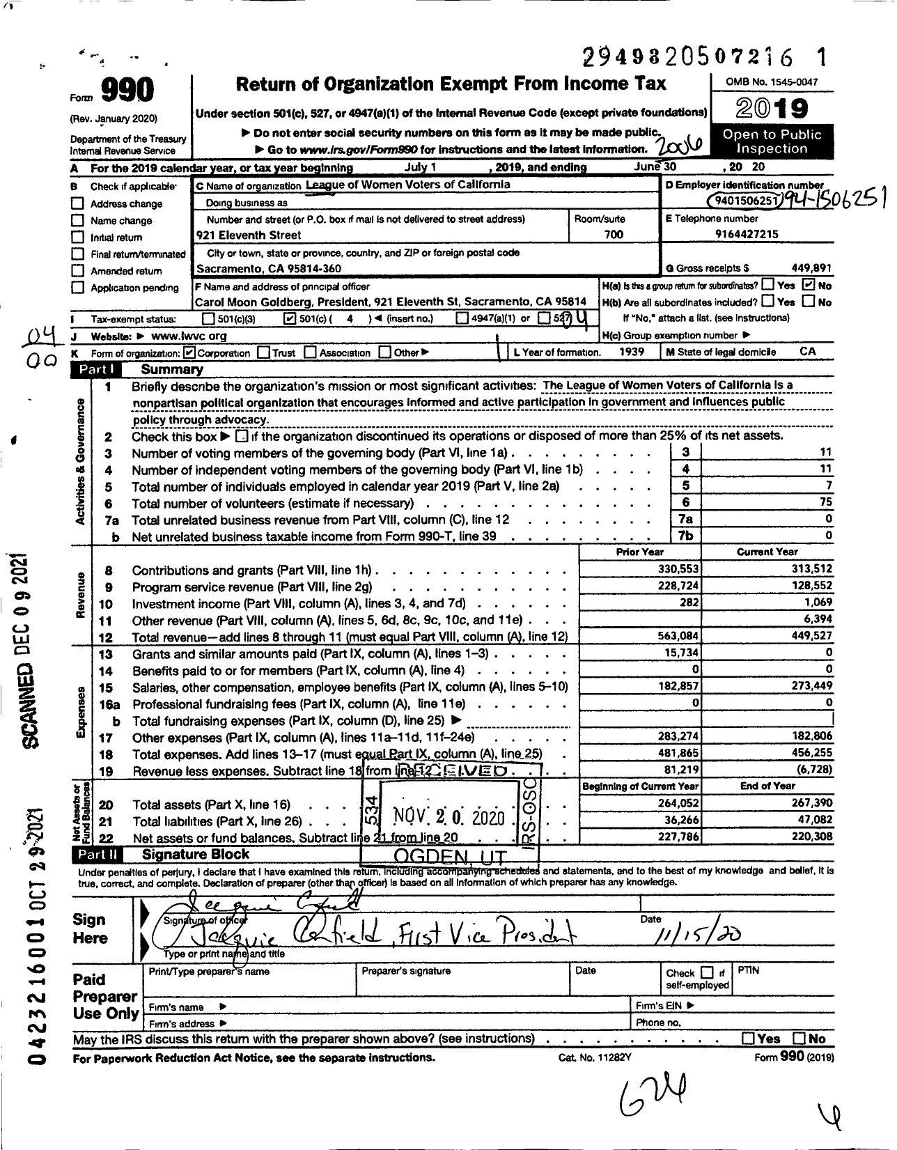 Image of first page of 2019 Form 990O for League of Women Voters of California