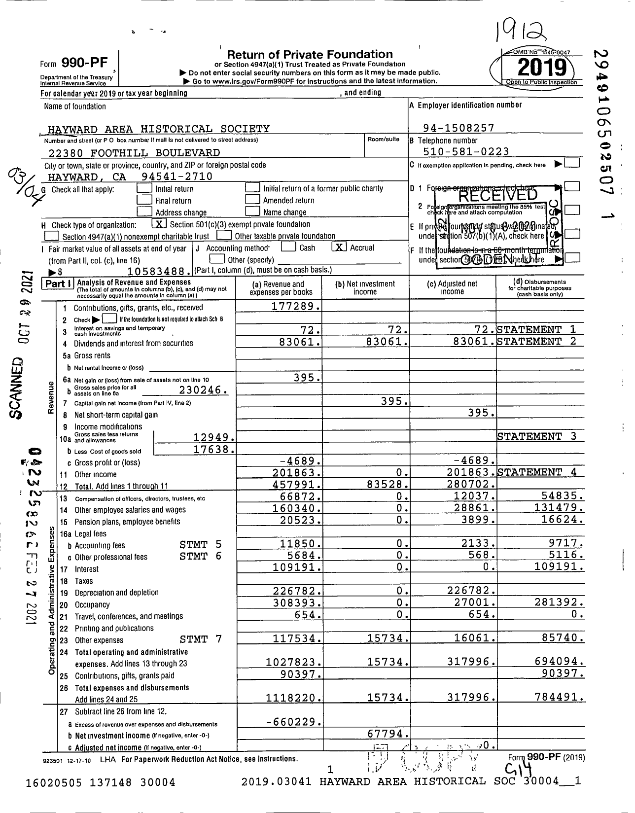 Image of first page of 2019 Form 990PF for Hayward Area Historical Society