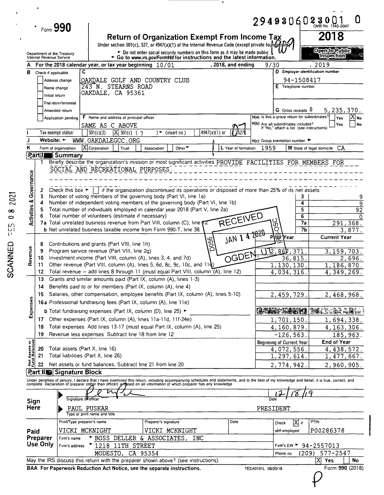 Image of first page of 2018 Form 990O for Oakdale Golf and Country Club