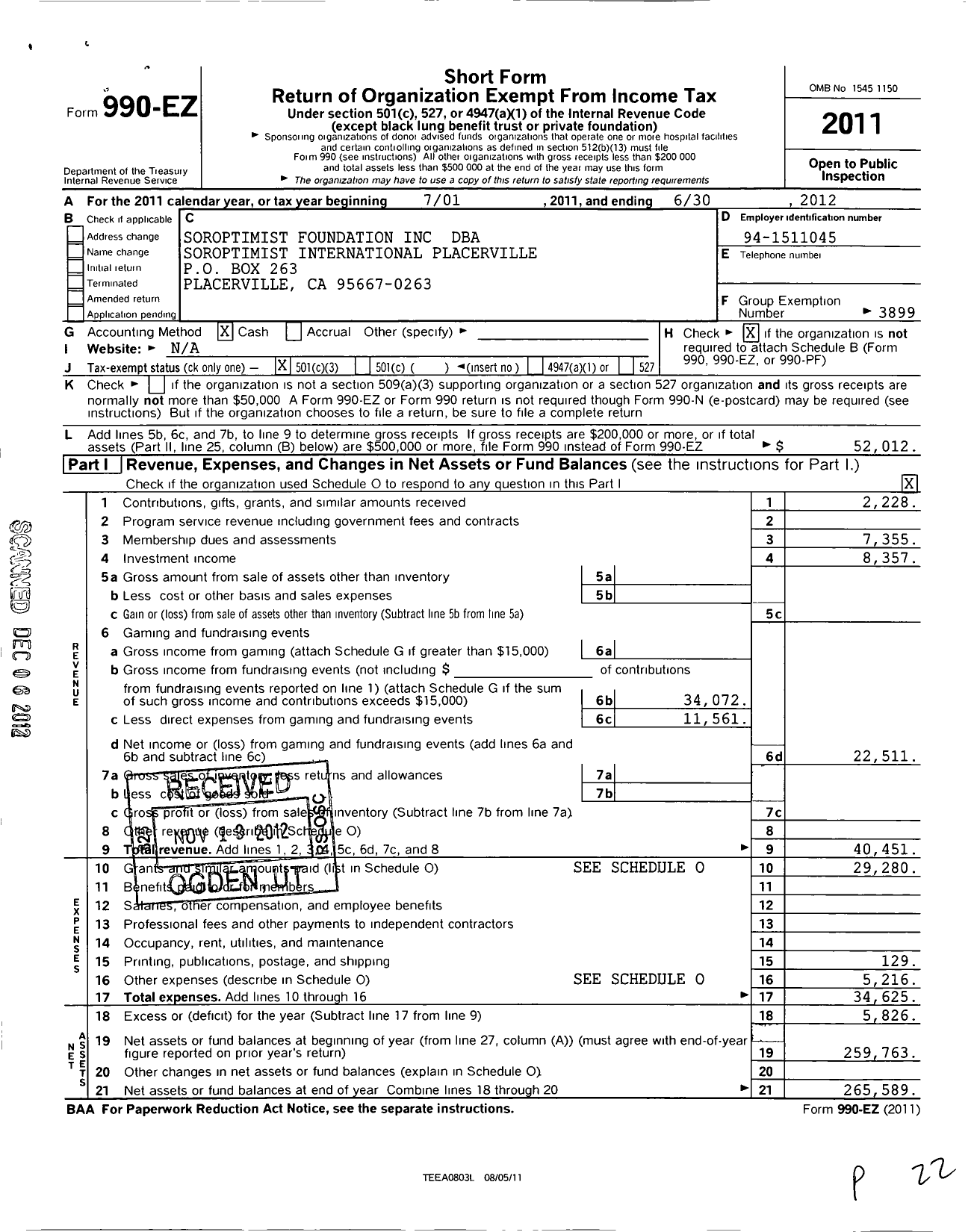 Image of first page of 2011 Form 990EZ for SOROPTIMIST International of THE AMERICAS - 116403 Placerville Ca