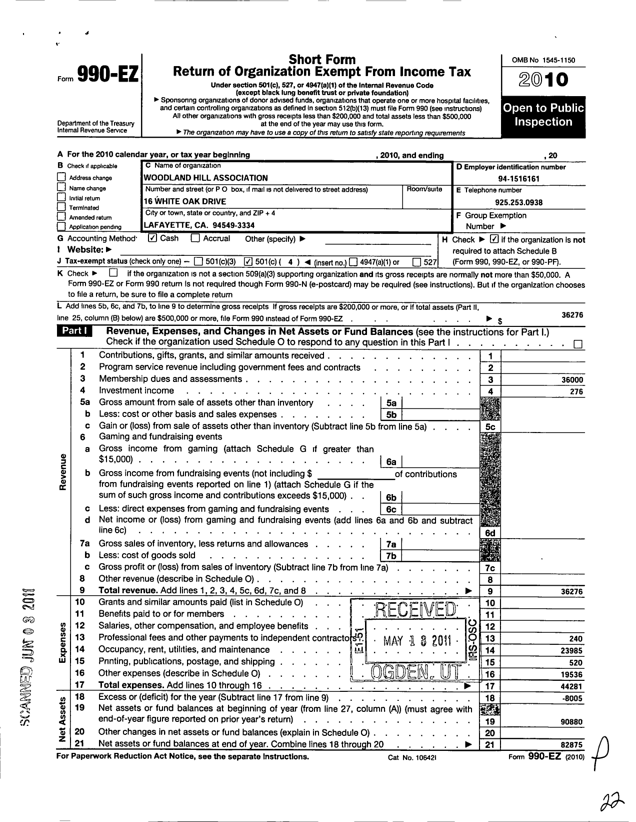 Image of first page of 2010 Form 990EO for Woodland Hill Association