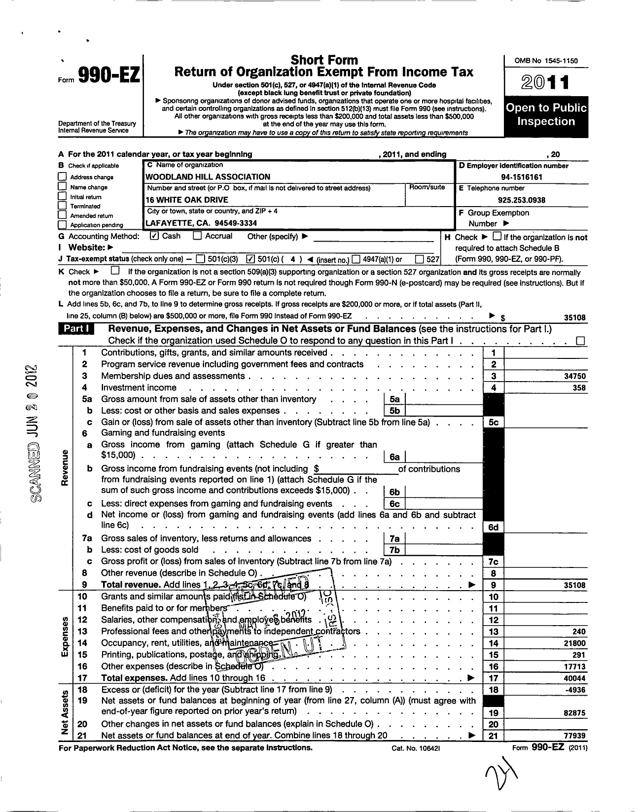 Image of first page of 2011 Form 990EO for Woodland Hill Association