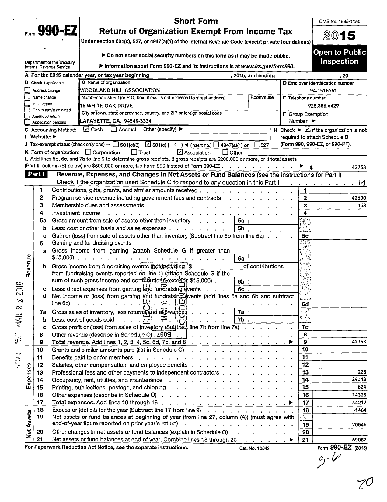 Image of first page of 2015 Form 990EO for Woodland Hill Association