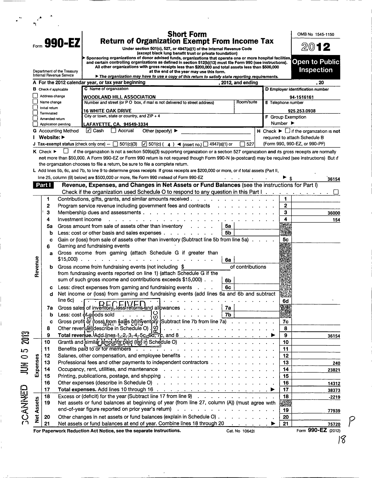 Image of first page of 2012 Form 990EO for Woodland Hill Association