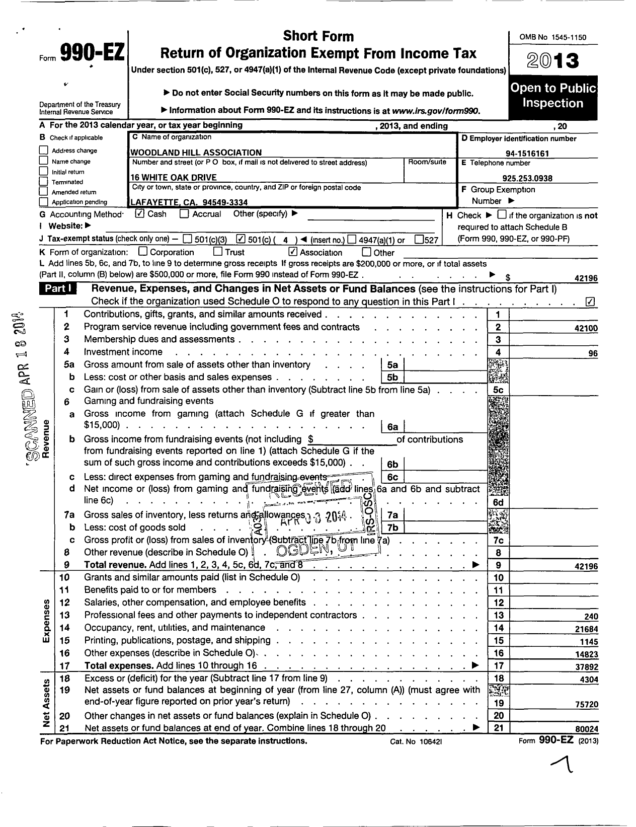 Image of first page of 2013 Form 990EO for Woodland Hill Association