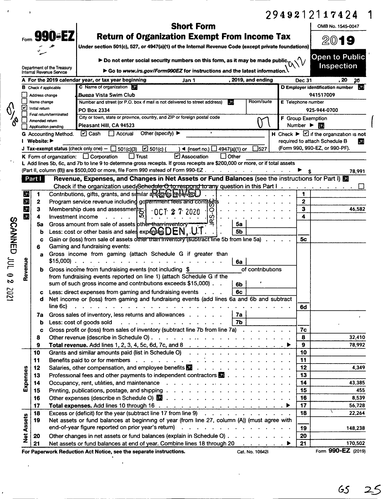 Image of first page of 2019 Form 990EO for Buena Vista Swim Club 197 Cortsen Road