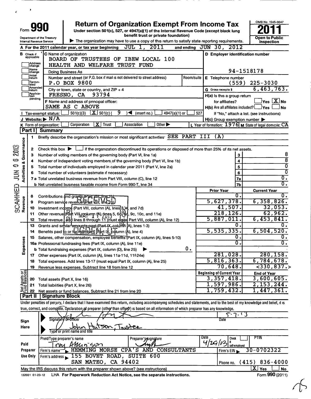 Image of first page of 2011 Form 990O for Board of Trustees of IBEW Local 100 Health and Welfare Trust Fund