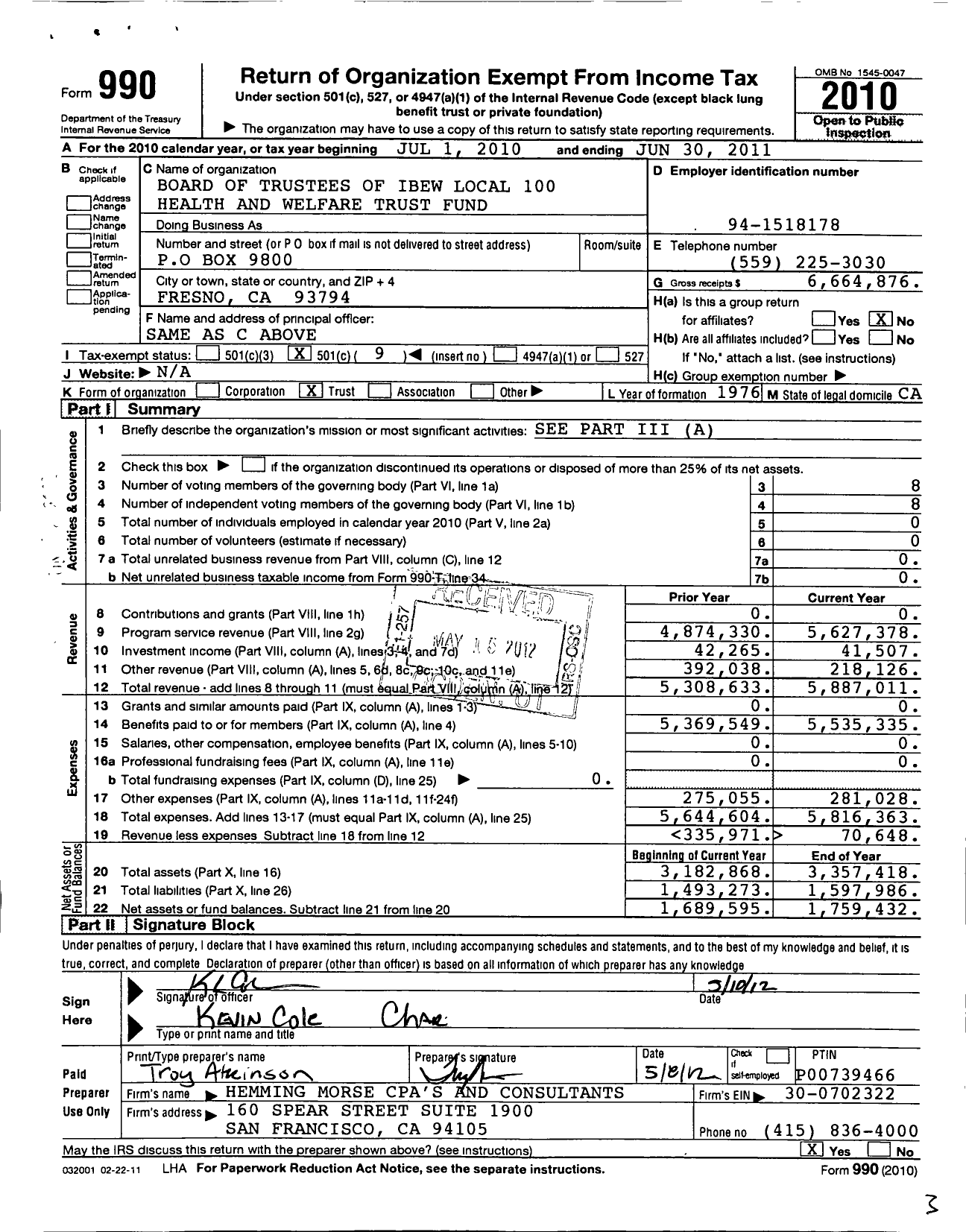 Image of first page of 2010 Form 990O for Board of Trustees of IBEW Local 100 Health and Welfare Trust Fund