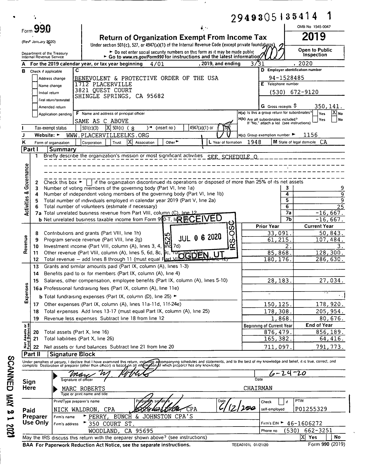 Image of first page of 2019 Form 990O for Benevolent and Protective Order of Elks - 1712 Placerville