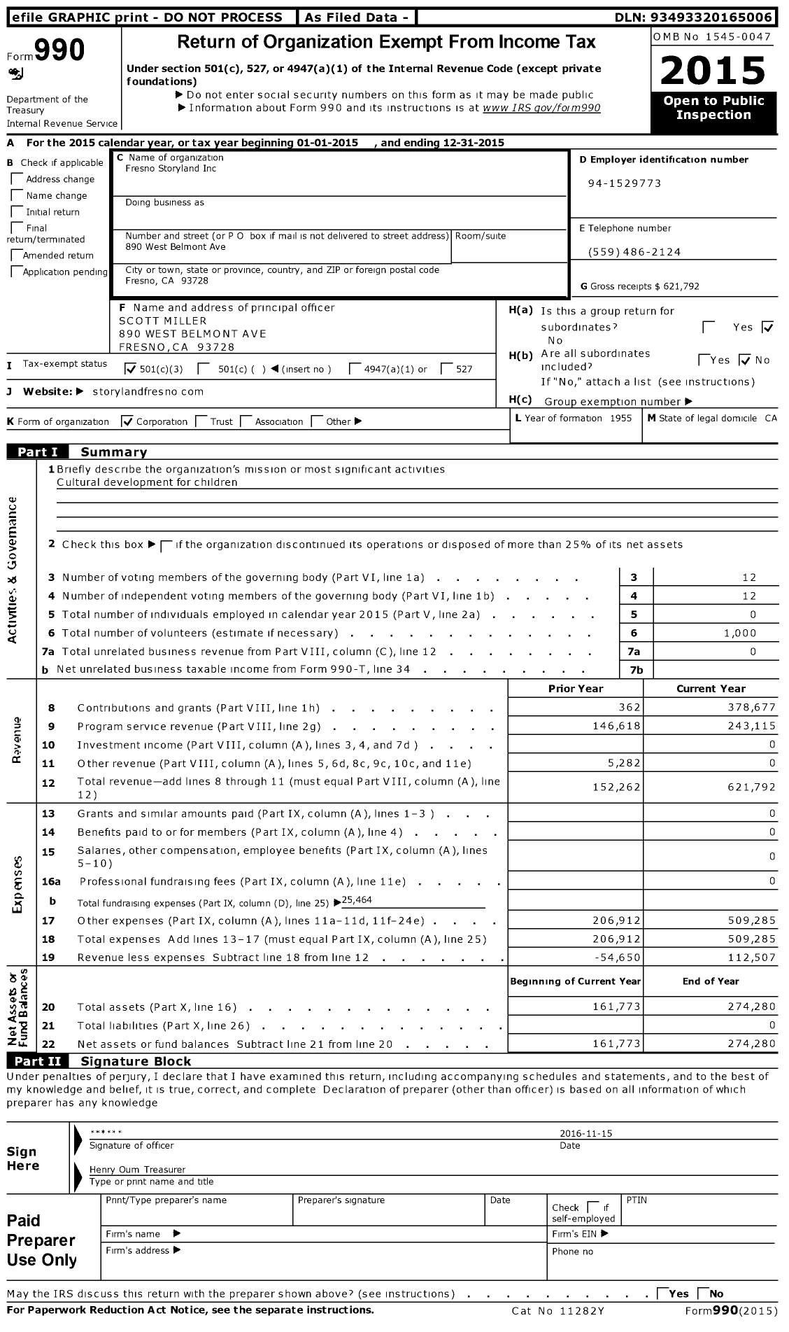 Image of first page of 2015 Form 990 for Fresno Storyland