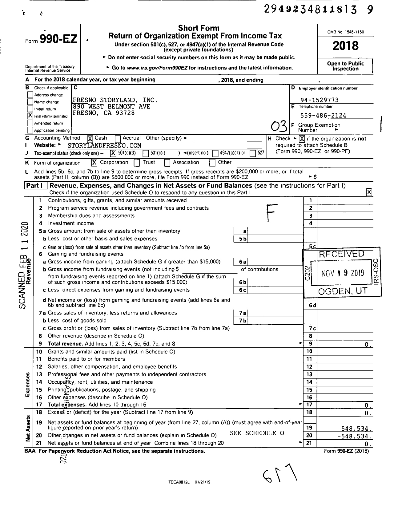 Image of first page of 2018 Form 990EZ for Fresno Storyland