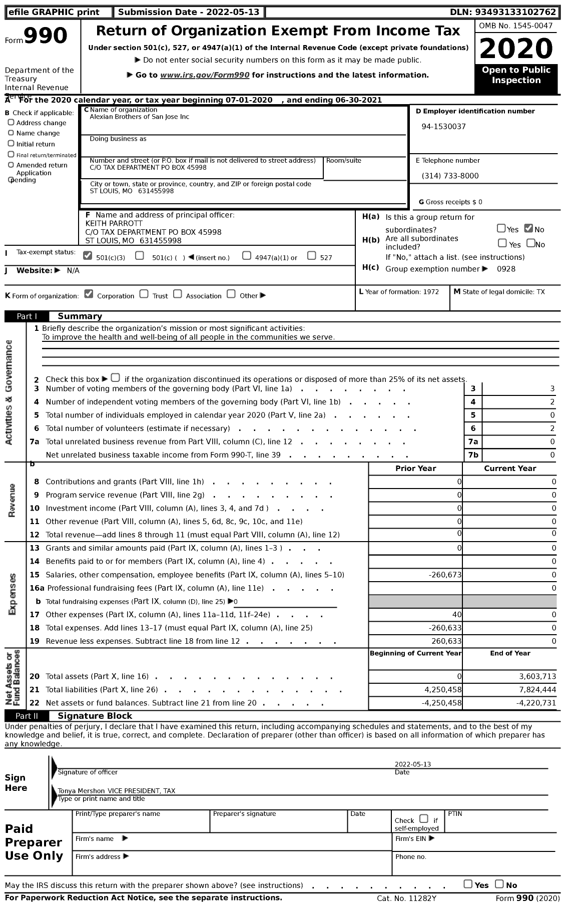 Image of first page of 2020 Form 990 for Alexian Brothers of San Jose