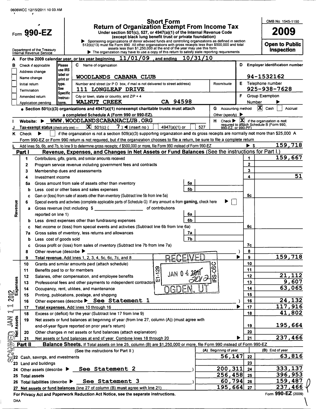 Image of first page of 2009 Form 990EO for Woodlands Cabana Club