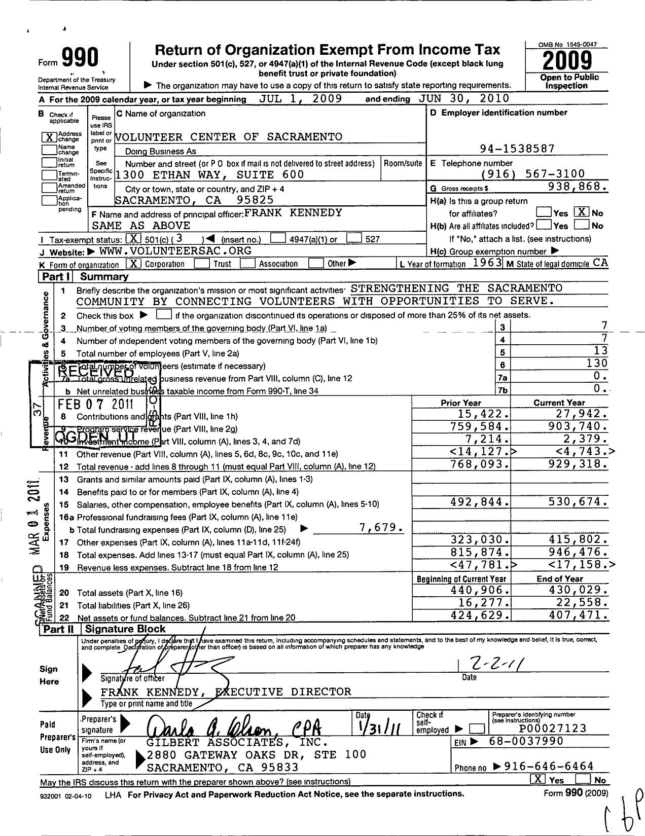 Image of first page of 2009 Form 990 for Volunteer Center of Sacramento