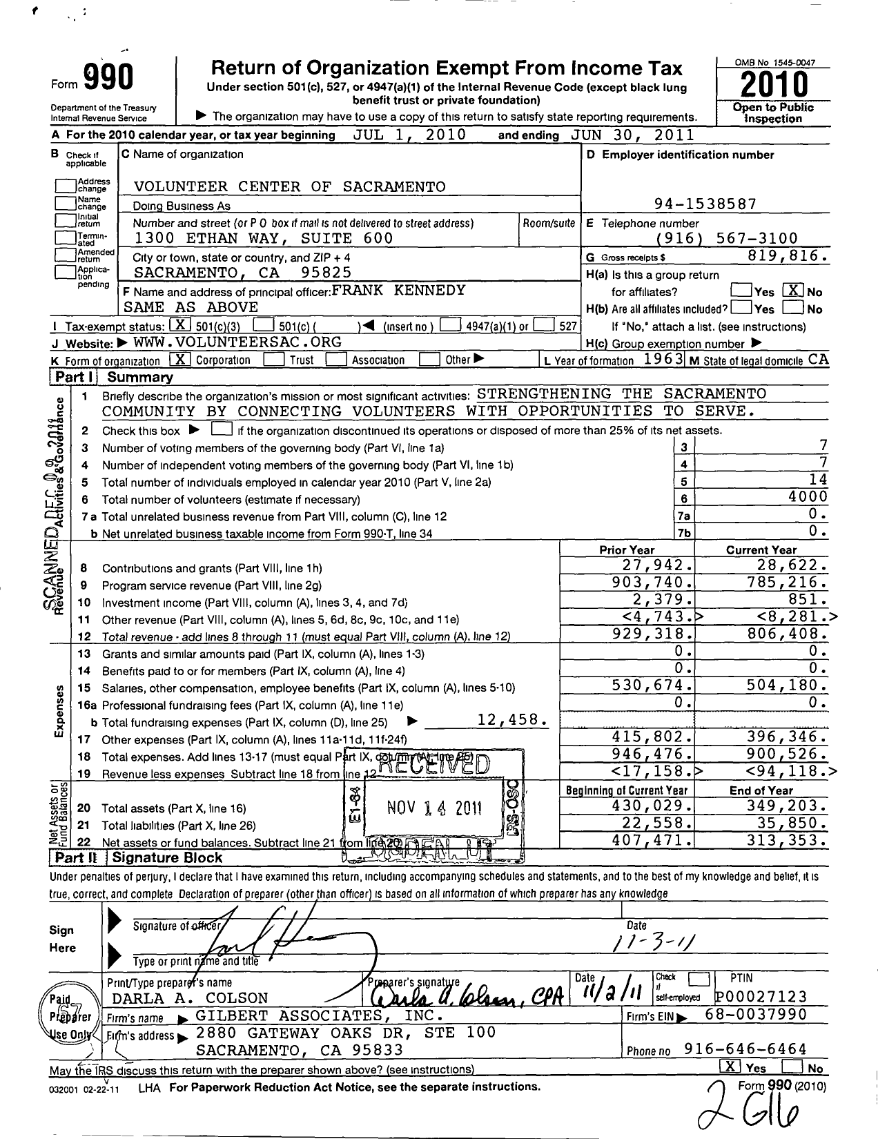 Image of first page of 2010 Form 990 for Volunteer Center of Sacramento