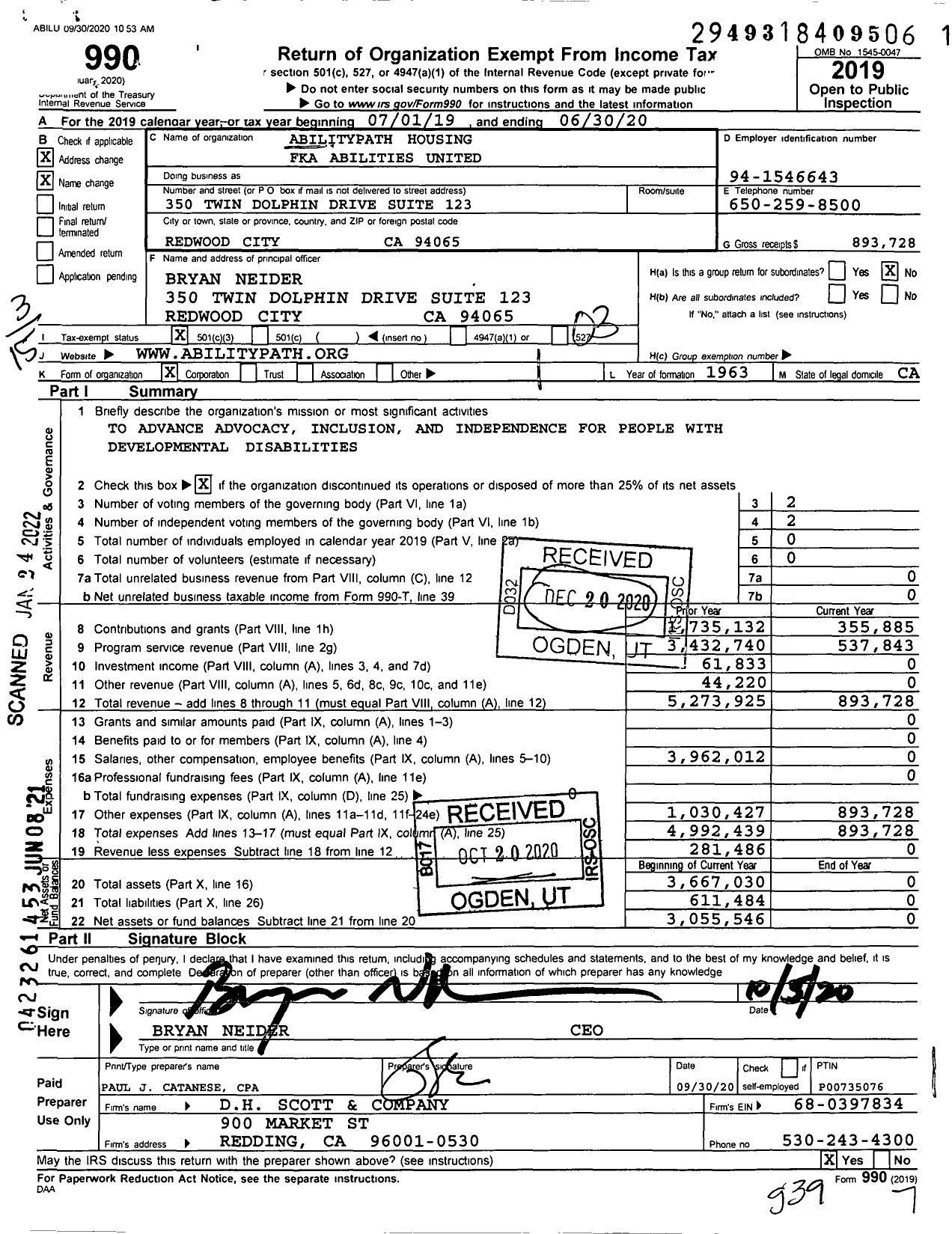 Image of first page of 2019 Form 990 for Abilitypath Housing