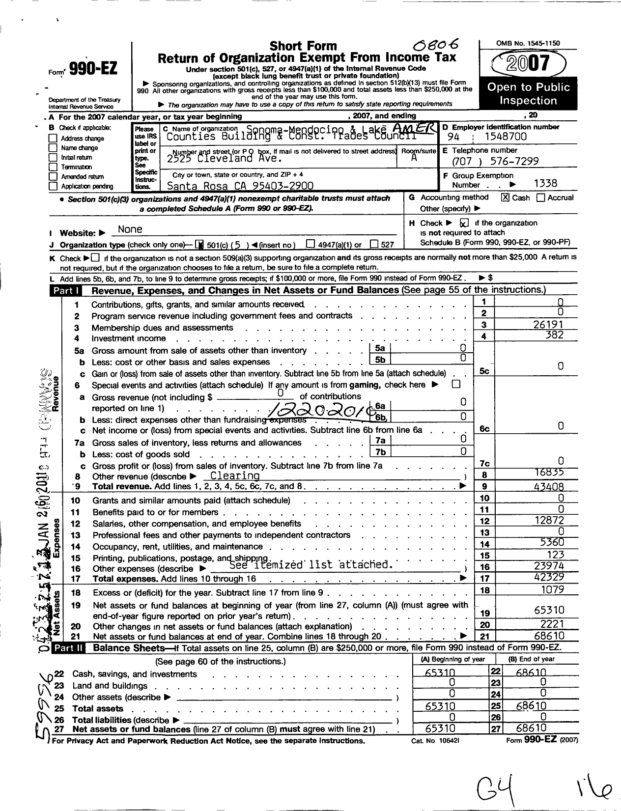 Image of first page of 2007 Form 990EO for AFL-CIO - Sonoma-Mendocino-Lake Counties Bldg