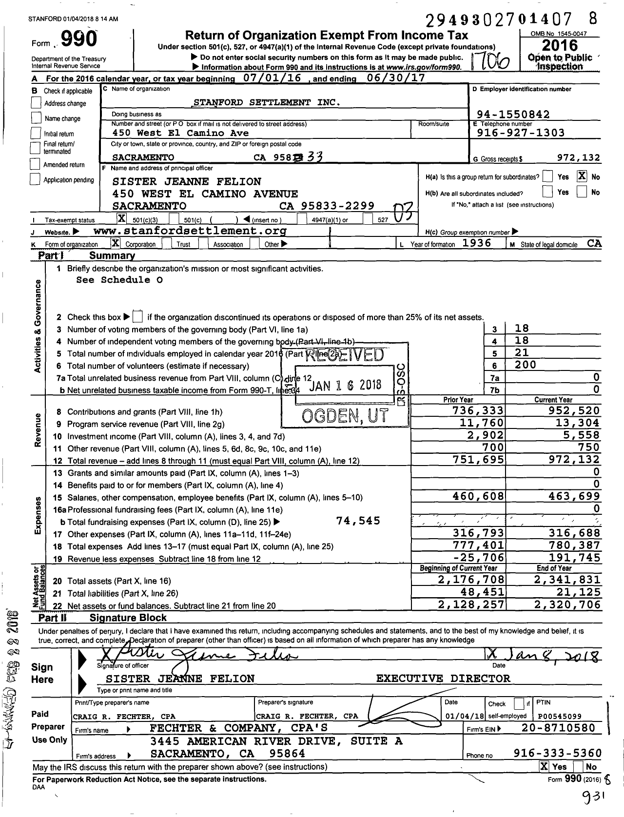 Image of first page of 2016 Form 990 for Stanford Settlement