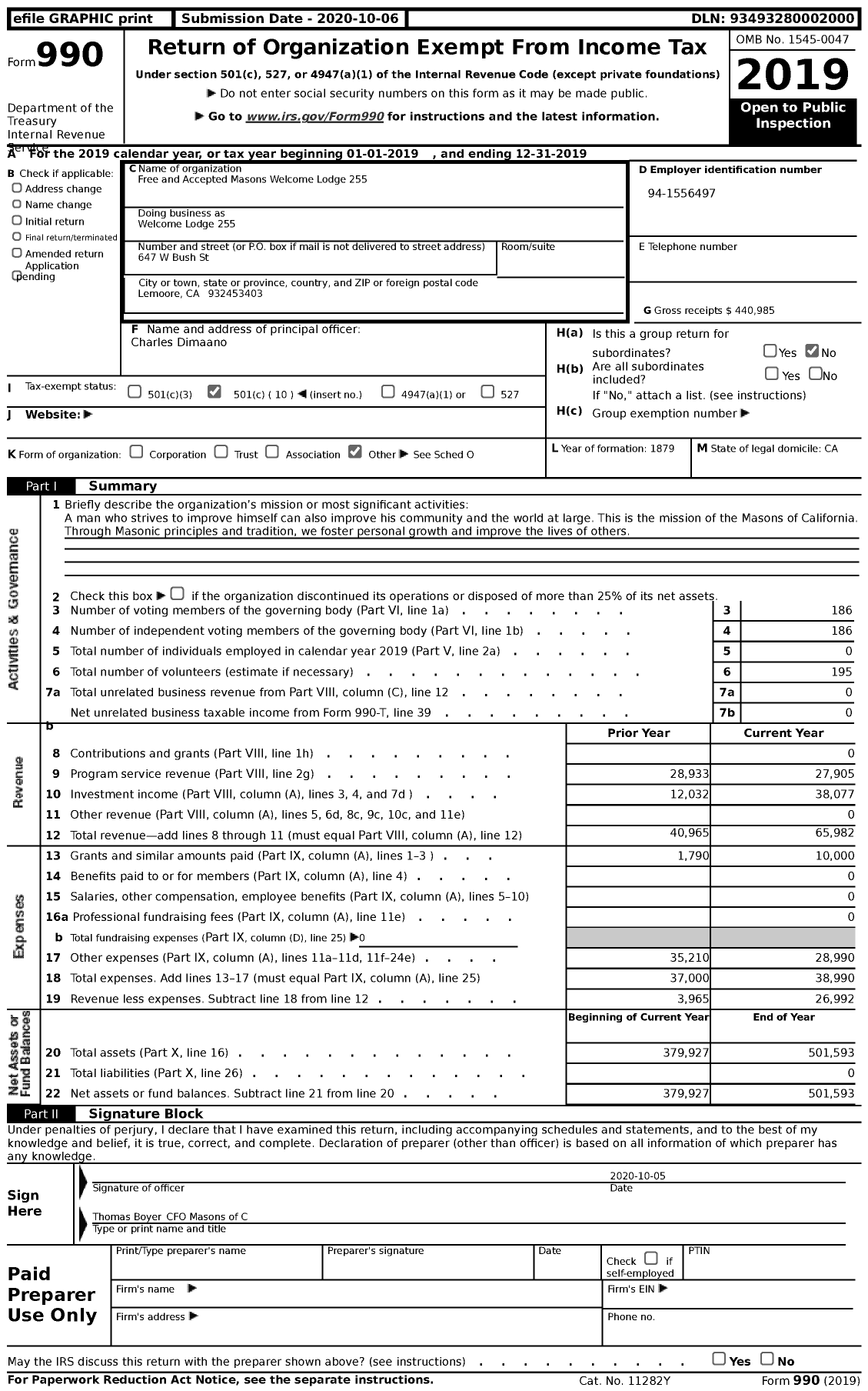 Image of first page of 2019 Form 990 for Masons of California - Welcome Lodge 255