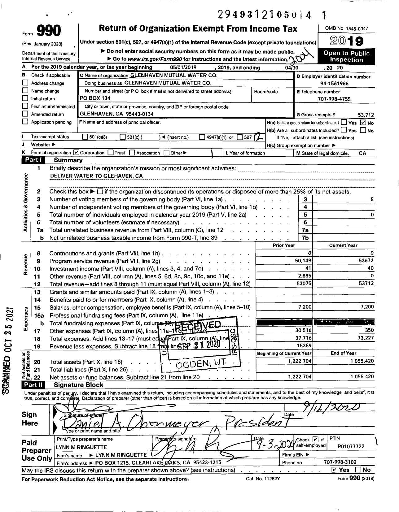 Image of first page of 2019 Form 990O for Glenhaven Mutual Water Glenhaven Mutual Water