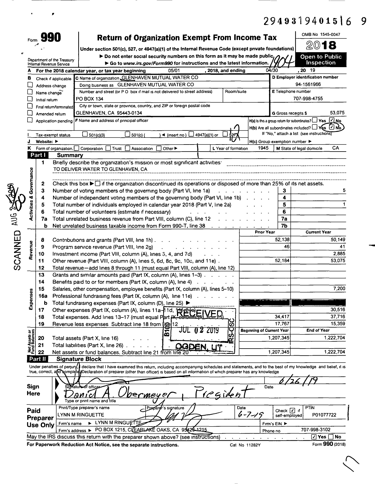 Image of first page of 2018 Form 990O for Glenhaven Mutual Water Glenhaven Mutual Water