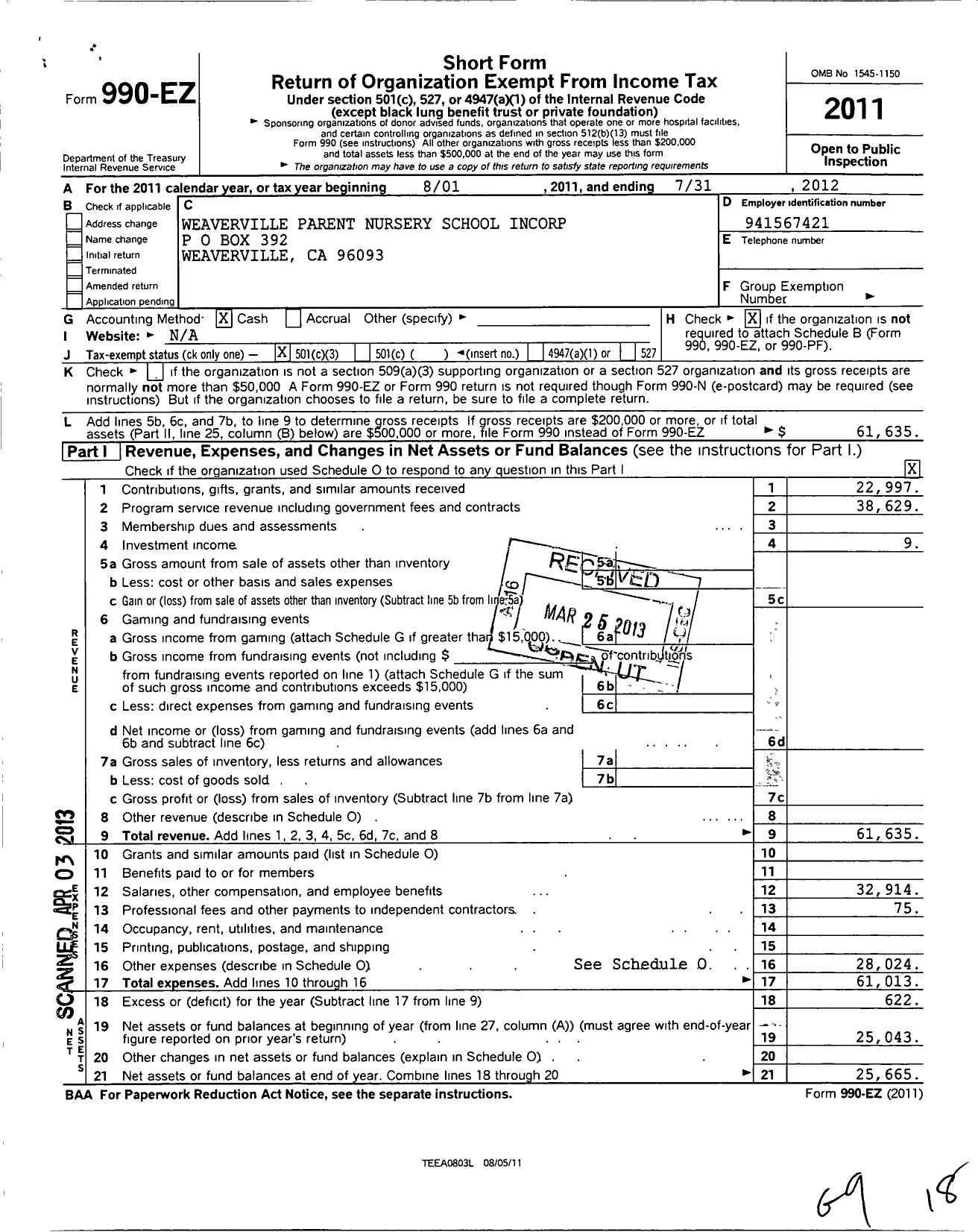 Image of first page of 2011 Form 990EZ for Weaverville Parent Nursery School