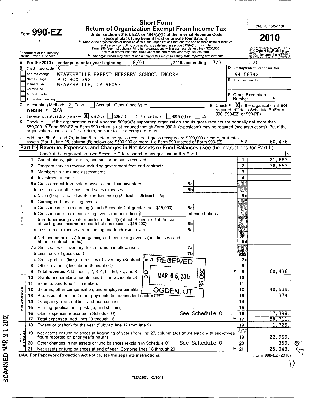 Image of first page of 2010 Form 990EZ for Weaverville Parent Nursery School