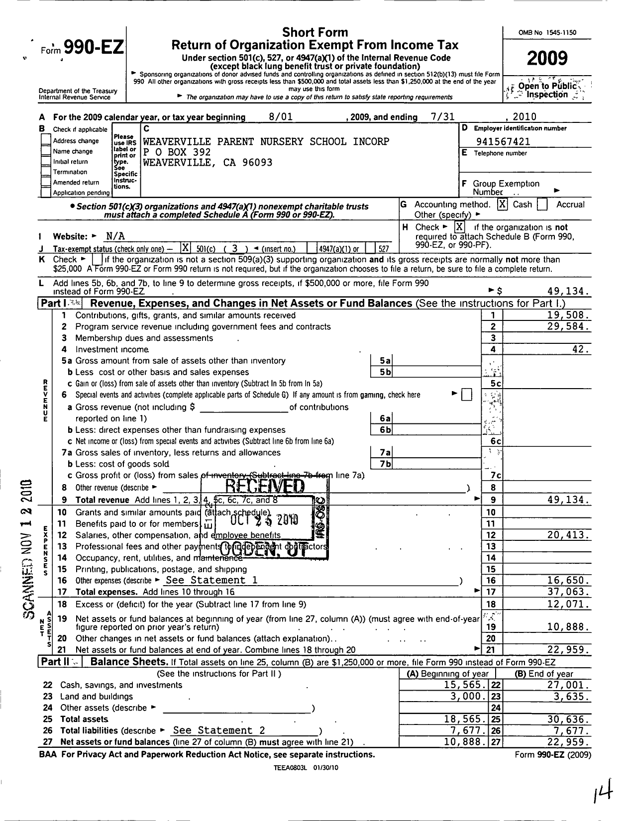 Image of first page of 2009 Form 990EZ for Weaverville Parent Nursery School