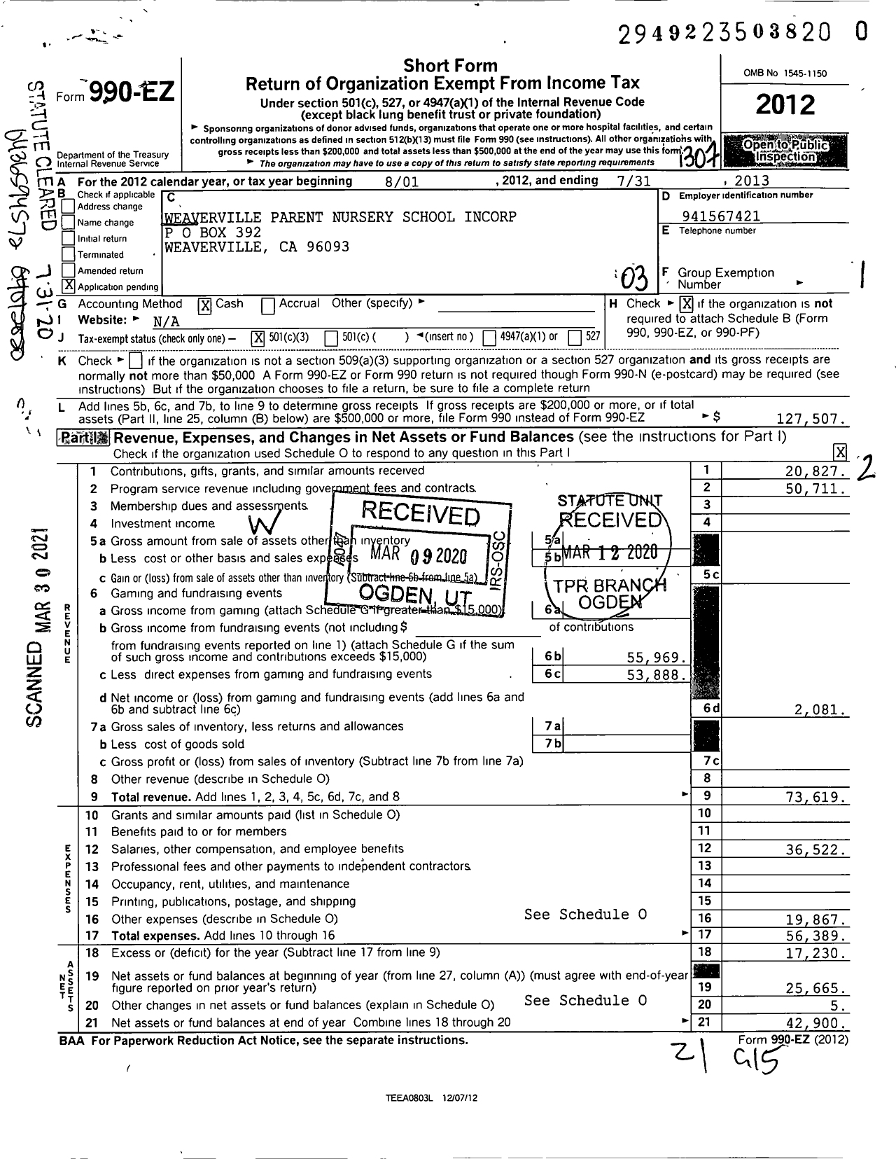 Image of first page of 2012 Form 990EZ for Weaverville Parent Nursery School