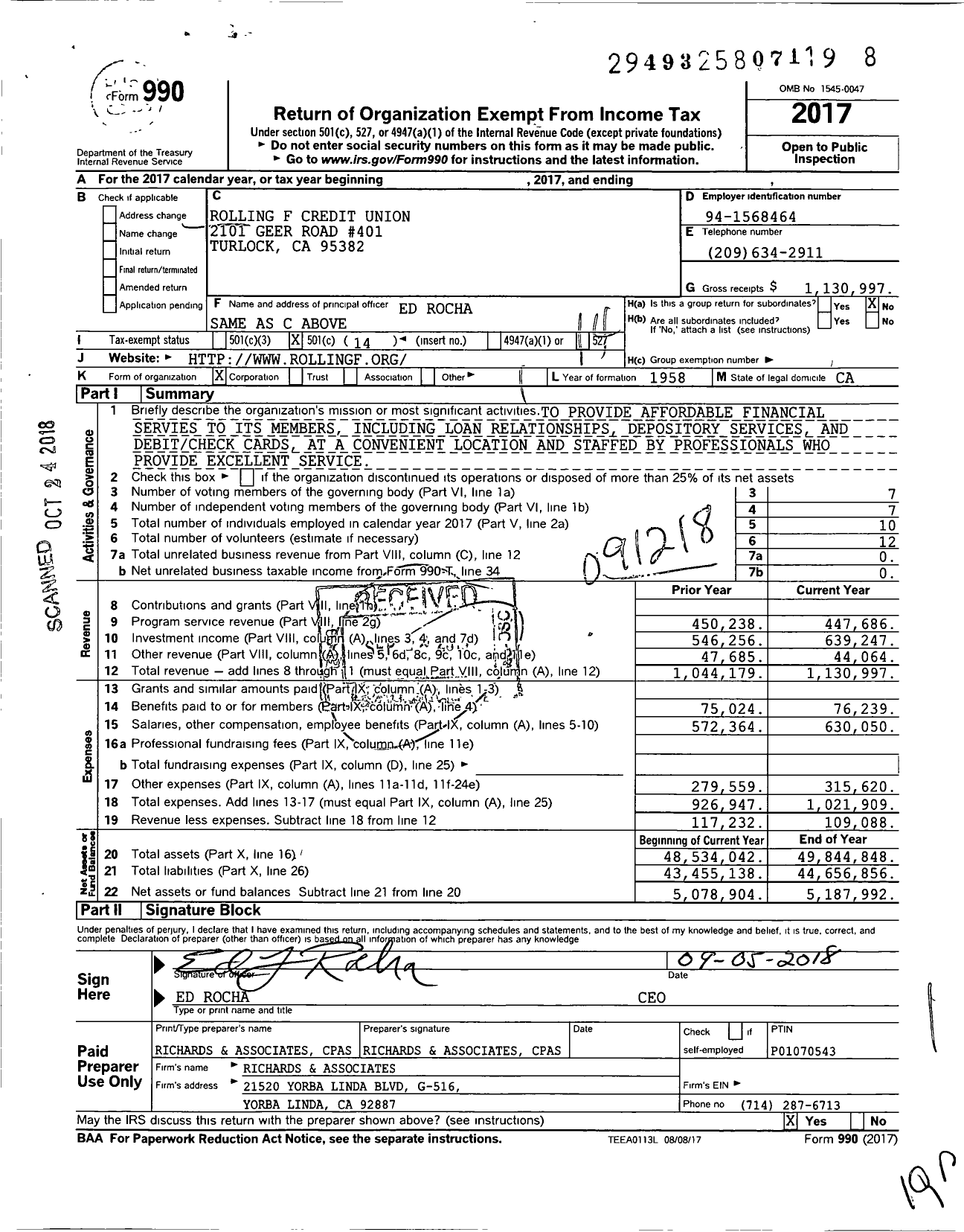 Image of first page of 2017 Form 990O for Rolling F Credit Union