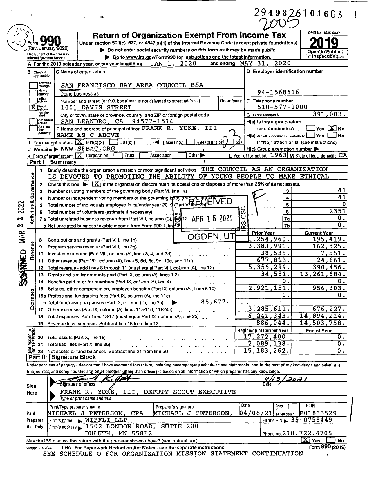 Image of first page of 2019 Form 990 for Boy Scouts of America -- 28 San Francisco Bay Area Council (BSA)