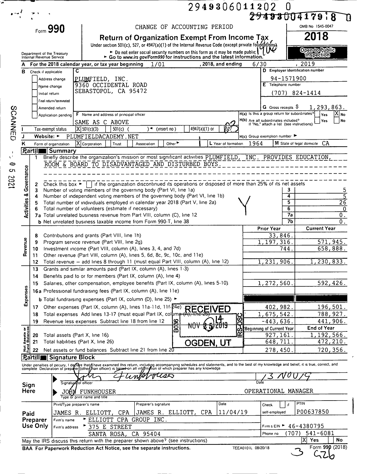 Image of first page of 2018 Form 990 for Plumfield