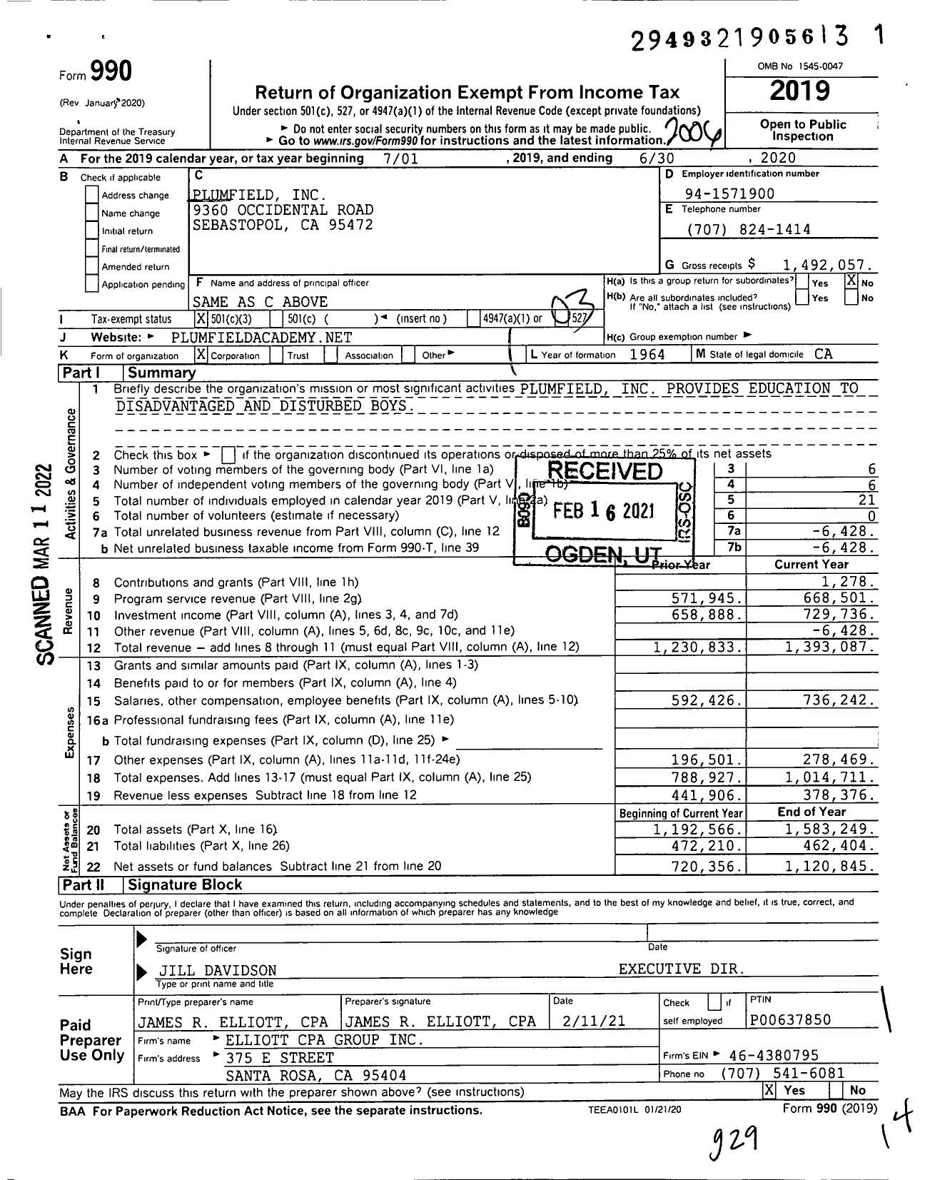 Image of first page of 2019 Form 990 for Plumfield