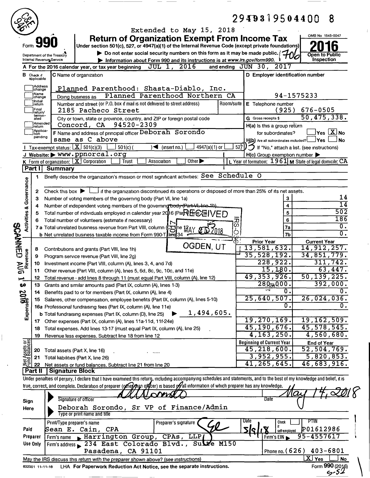 Image of first page of 2016 Form 990 for Planned Parenthood Northern California