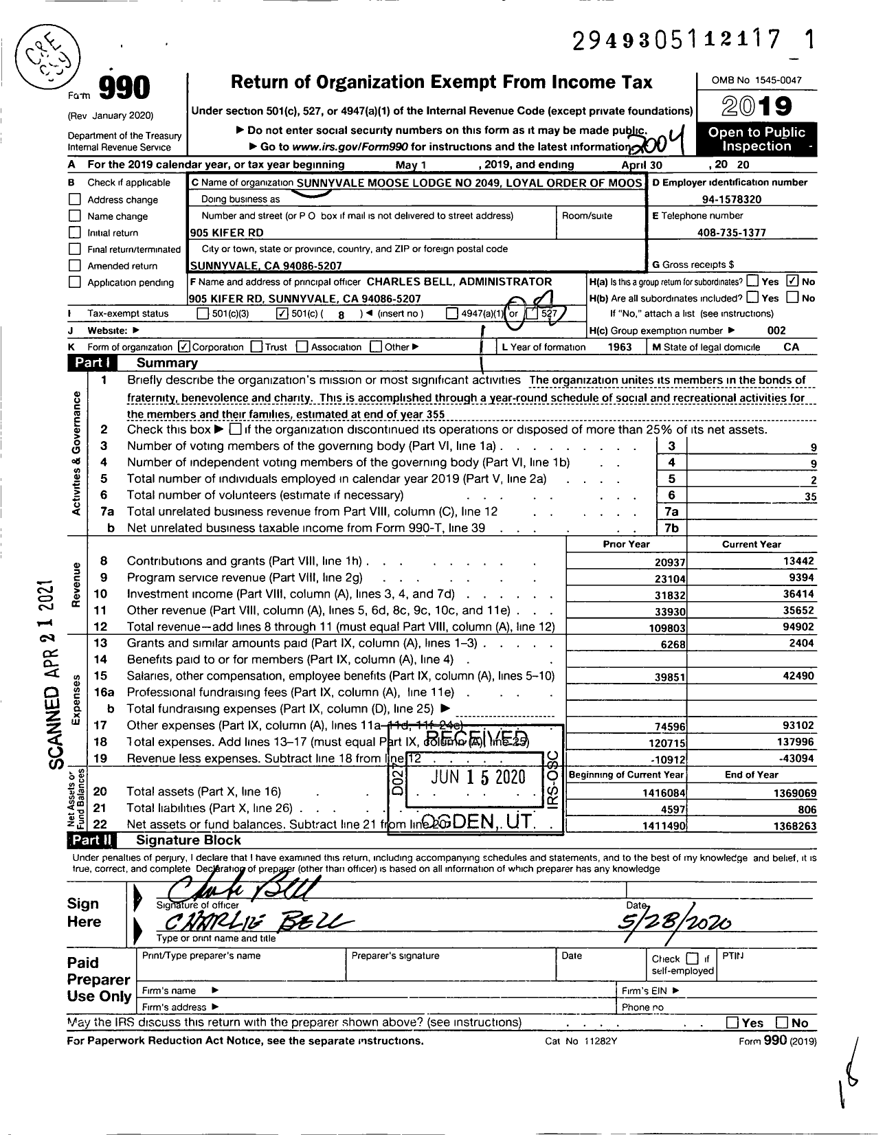 Image of first page of 2019 Form 990O for Loyal Order of Moose - 2049