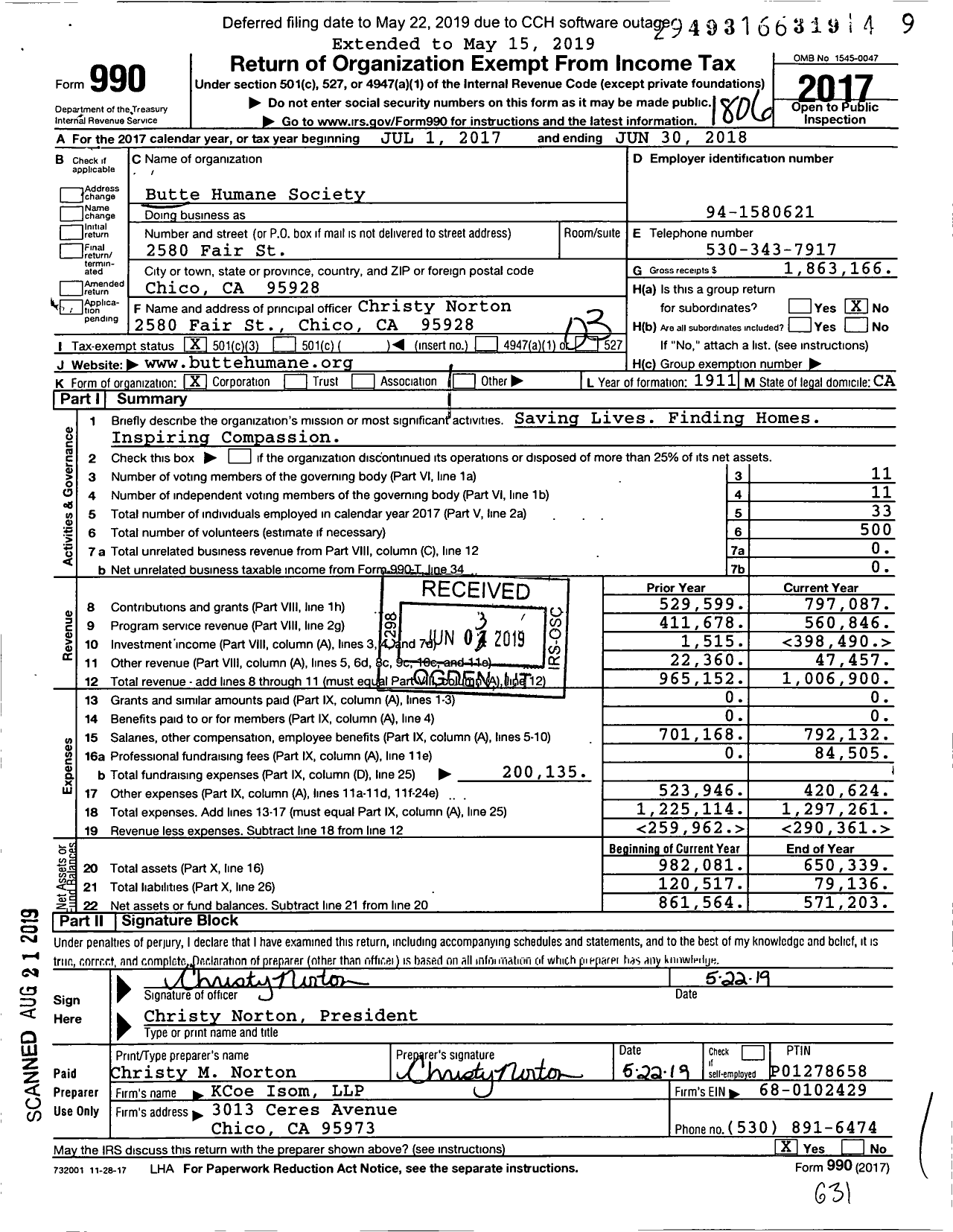 Image of first page of 2017 Form 990 for Butte Humane Society