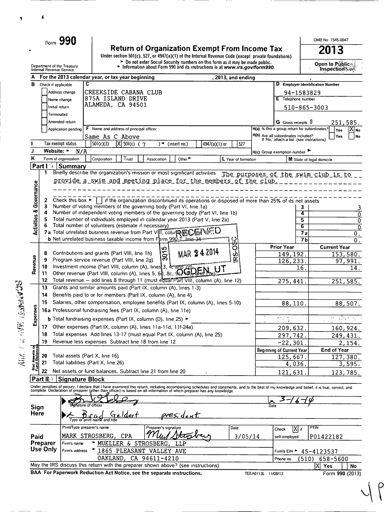 Image of first page of 2013 Form 990O for Creekside Cabana Club