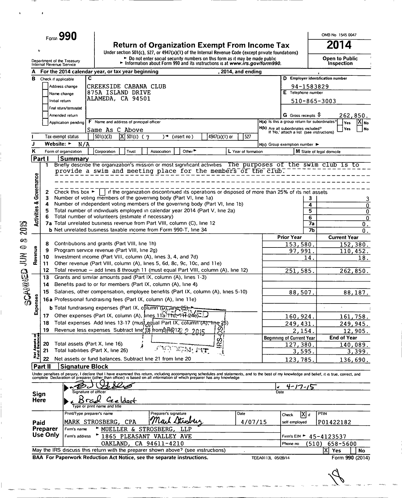 Image of first page of 2014 Form 990O for Creekside Cabana Club