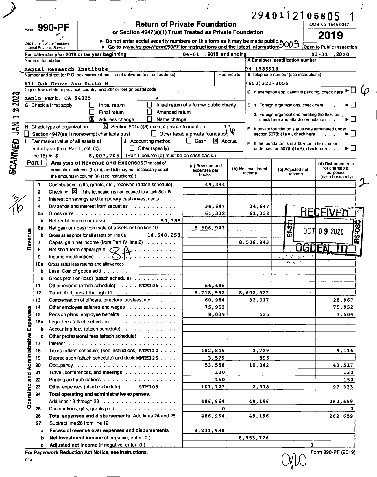 Image of first page of 2019 Form 990PF for Mental Research Institute