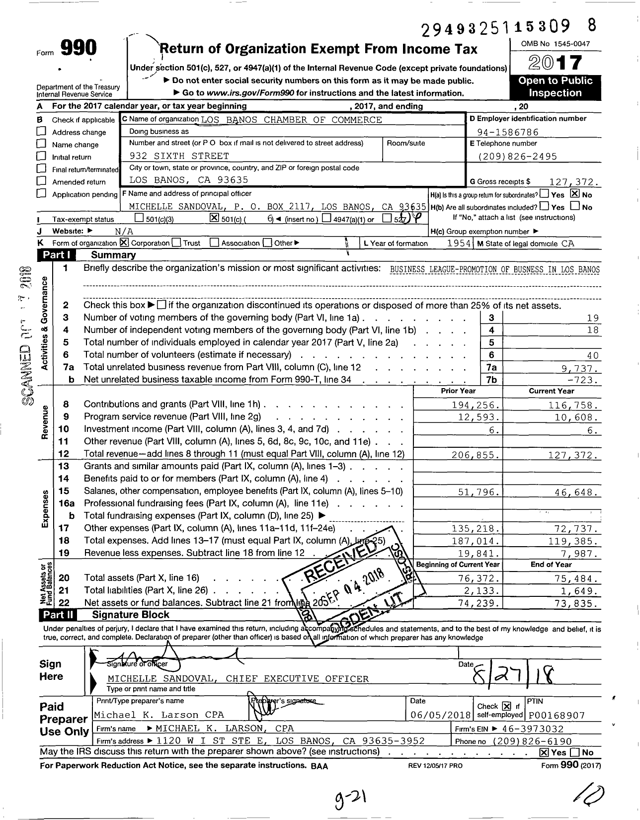 Image of first page of 2017 Form 990O for Los Banos Chamber of Commerce