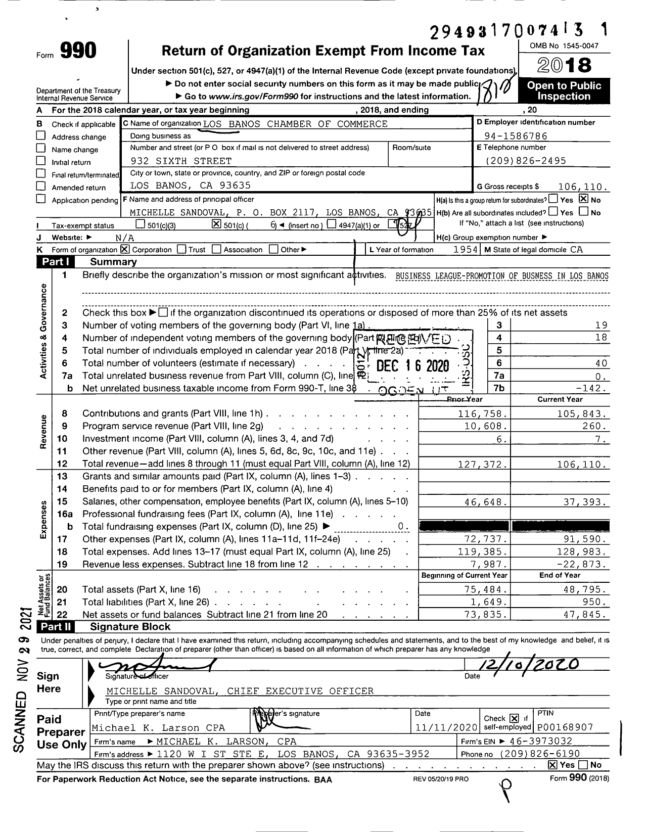 Image of first page of 2018 Form 990O for Los Banos Chamber of Commerce