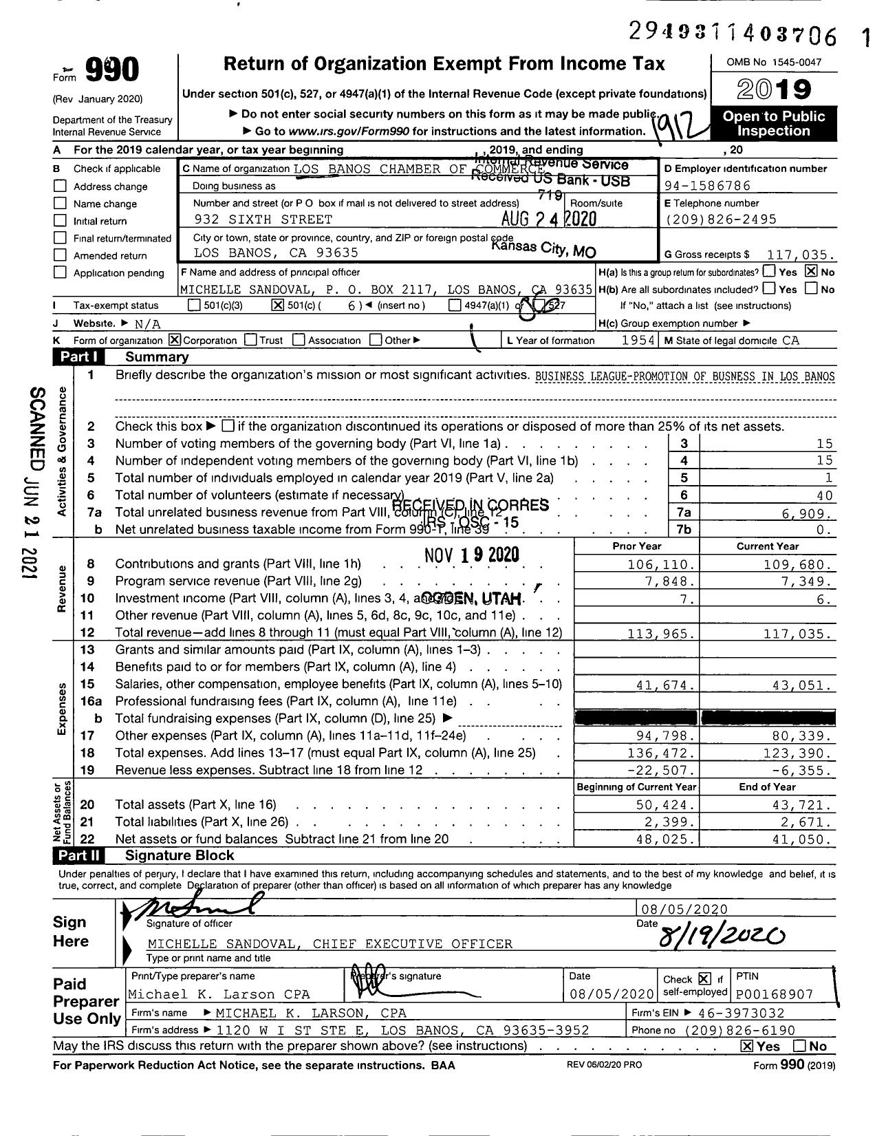 Image of first page of 2019 Form 990O for Los Banos Chamber of Commerce