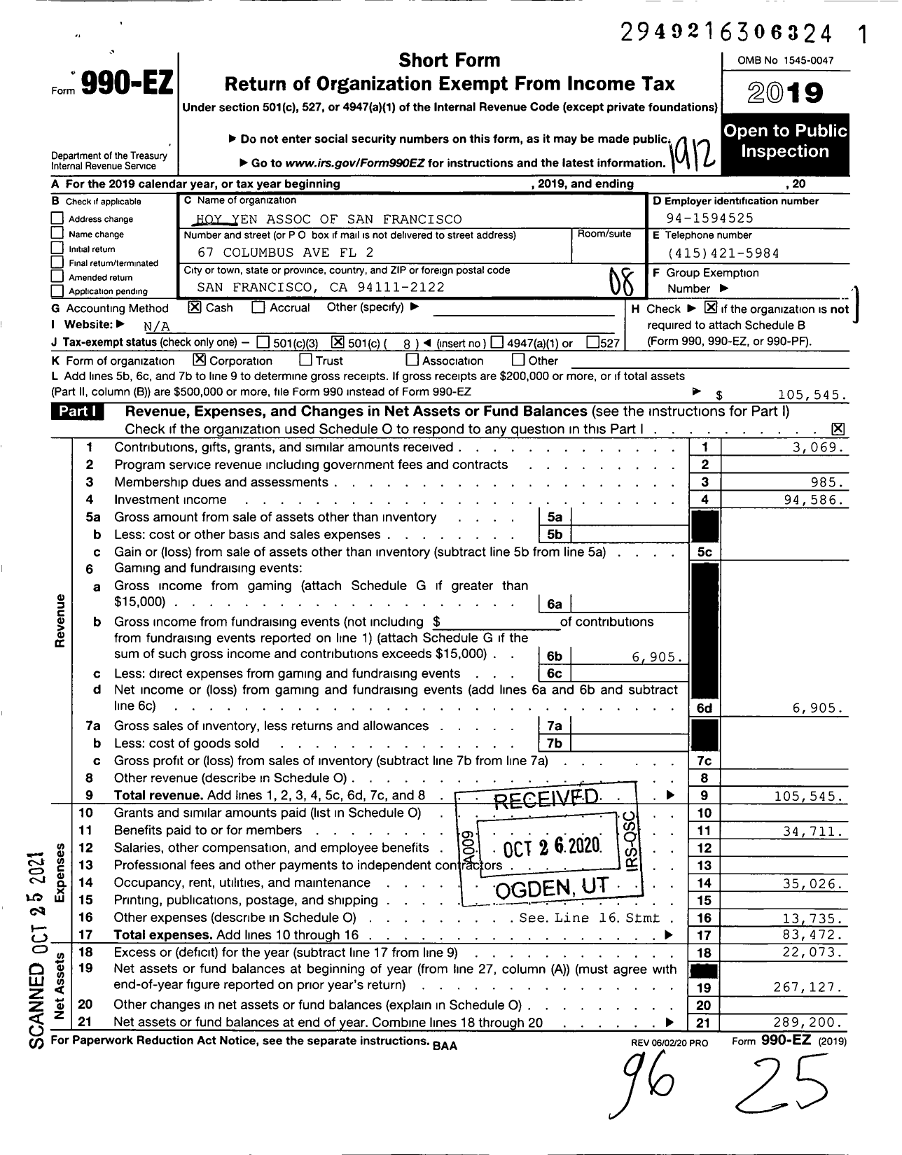 Image of first page of 2019 Form 990EO for Hoy Yen Association of San Francisco