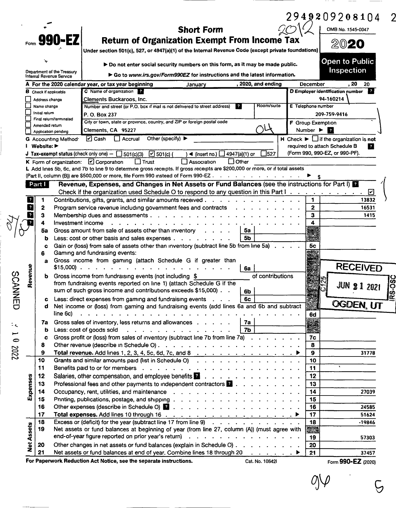 Image of first page of 2020 Form 990EO for Clements Buckaroos