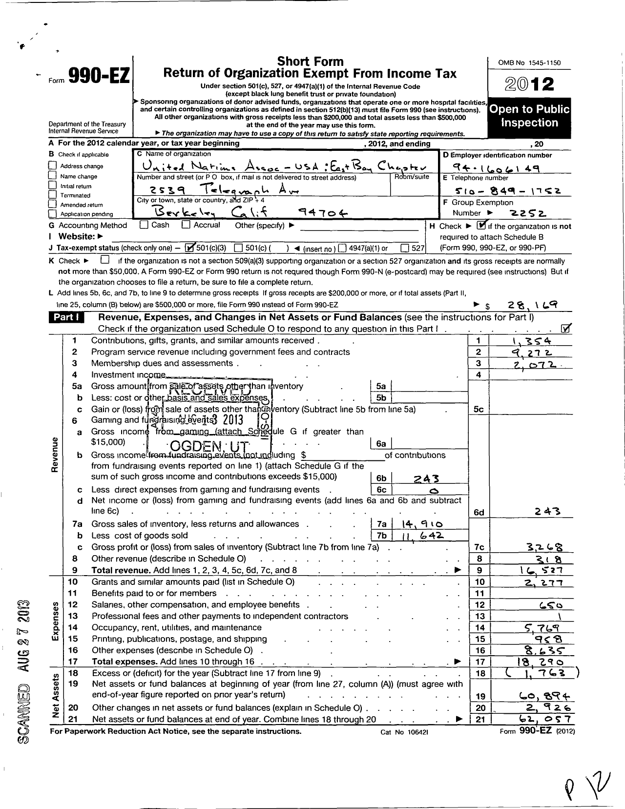 Image of first page of 2012 Form 990EZ for Better World Fund / Una of the USA East Bay Chapter