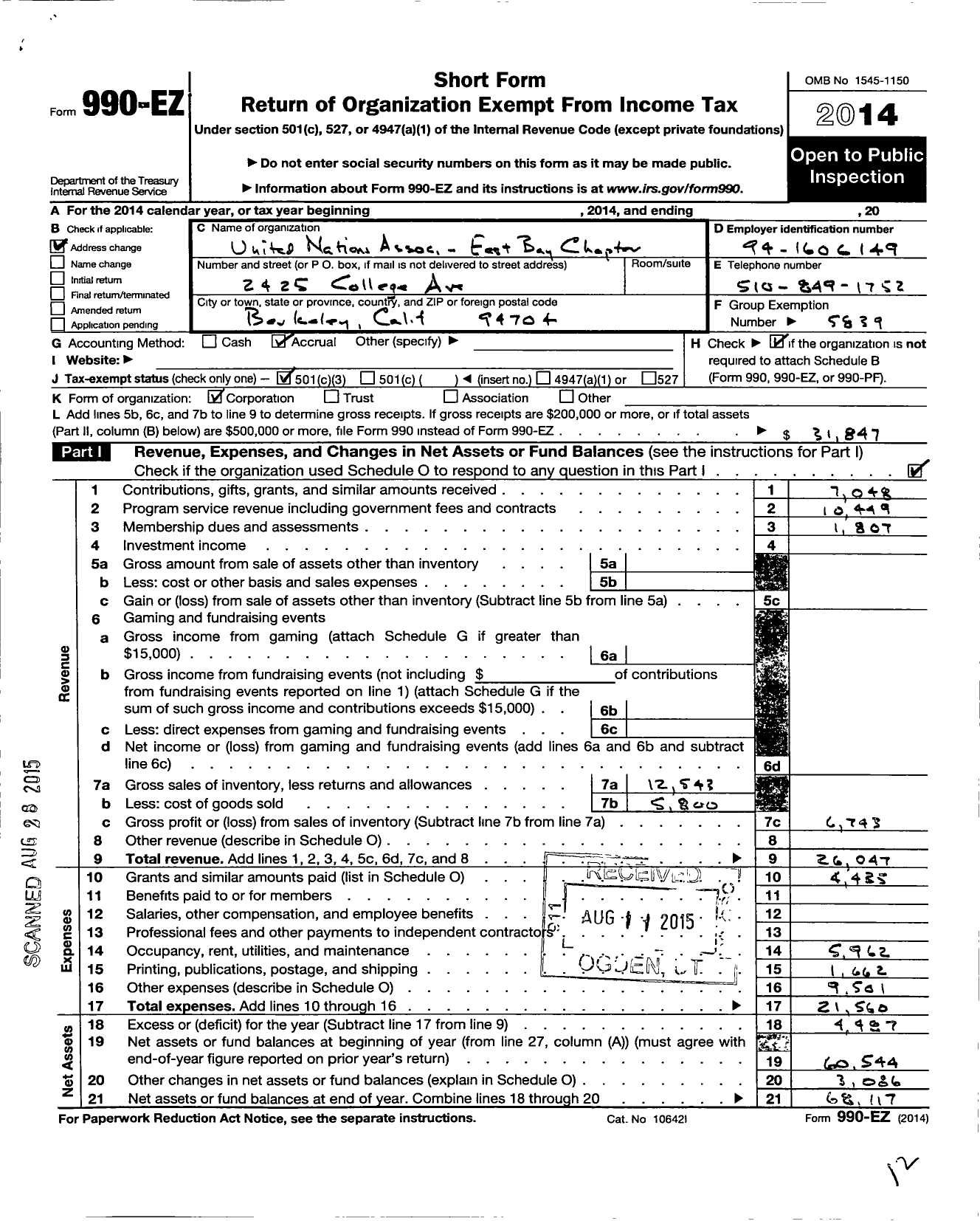 Image of first page of 2014 Form 990EZ for Better World Fund / Una of the USA East Bay Chapter