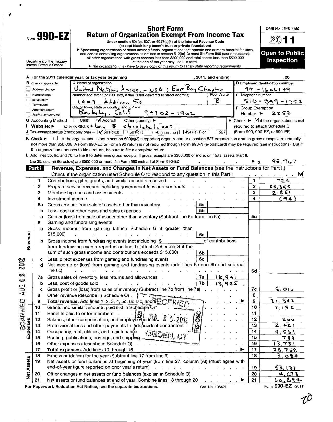 Image of first page of 2011 Form 990EZ for Better World Fund / Una of the USA East Bay Chapter